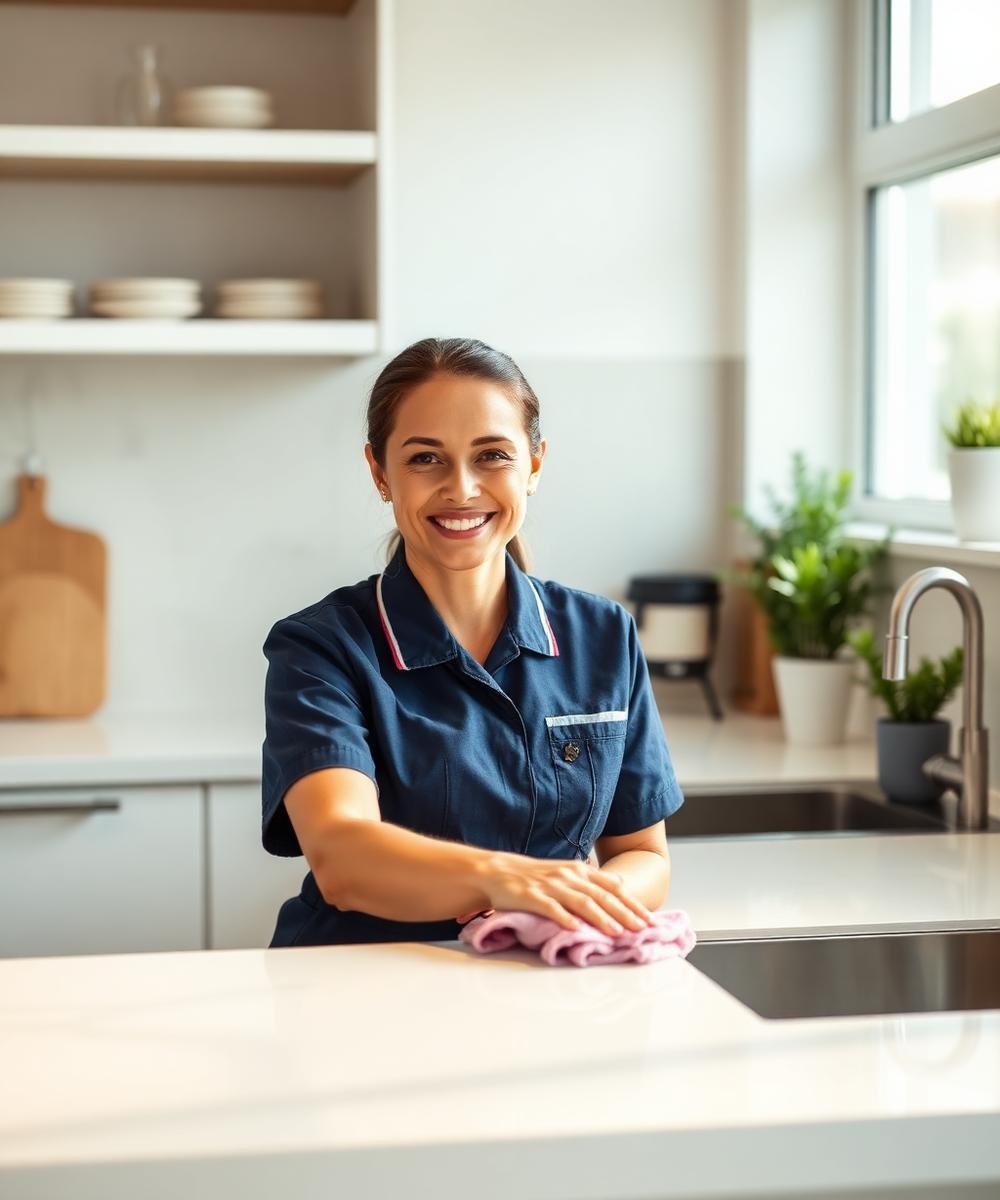 A friendly Sefera Cleaning professional wiping down a modern kitchen counter